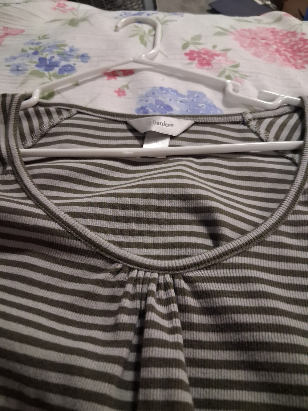 CJ Banks Olive Green and Cream Striped Short Sleeve Tee - Picture 3 of 5